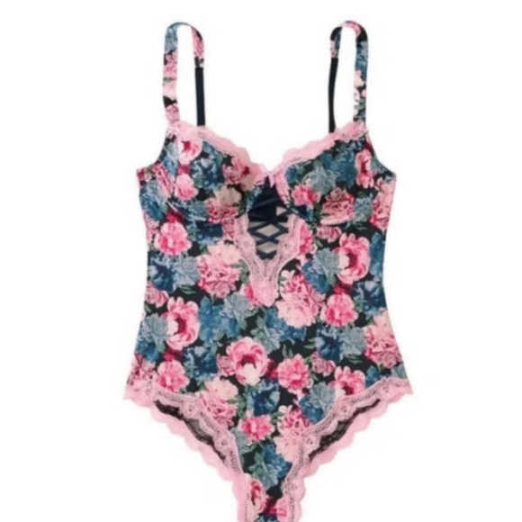 Victoria’s Secret pink flowers One Piece mesh & lace teddy bustier bodysuit M - Picture 6 of 9